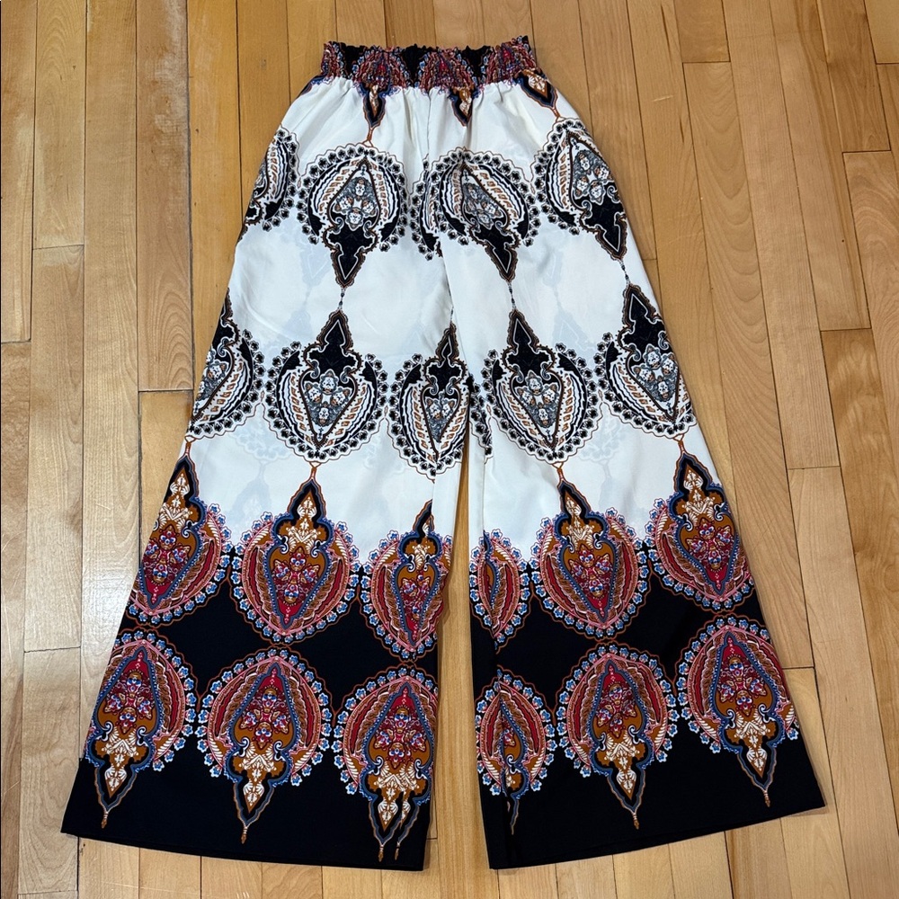 Boho Wide-Leg Printed Palazzo Pants - White Multi